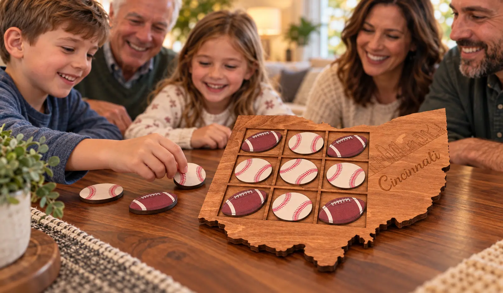 Family playing handcrafted Ohio tic-tac-toe