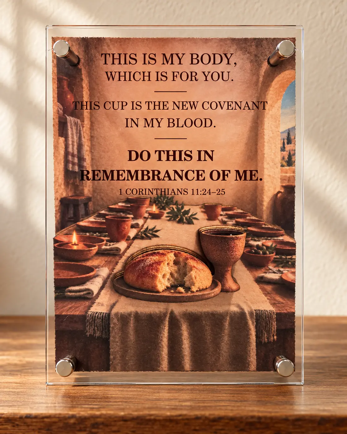 The Table handcrafted layered Communion artwork with bread, chalice, acrylic, and standoffs