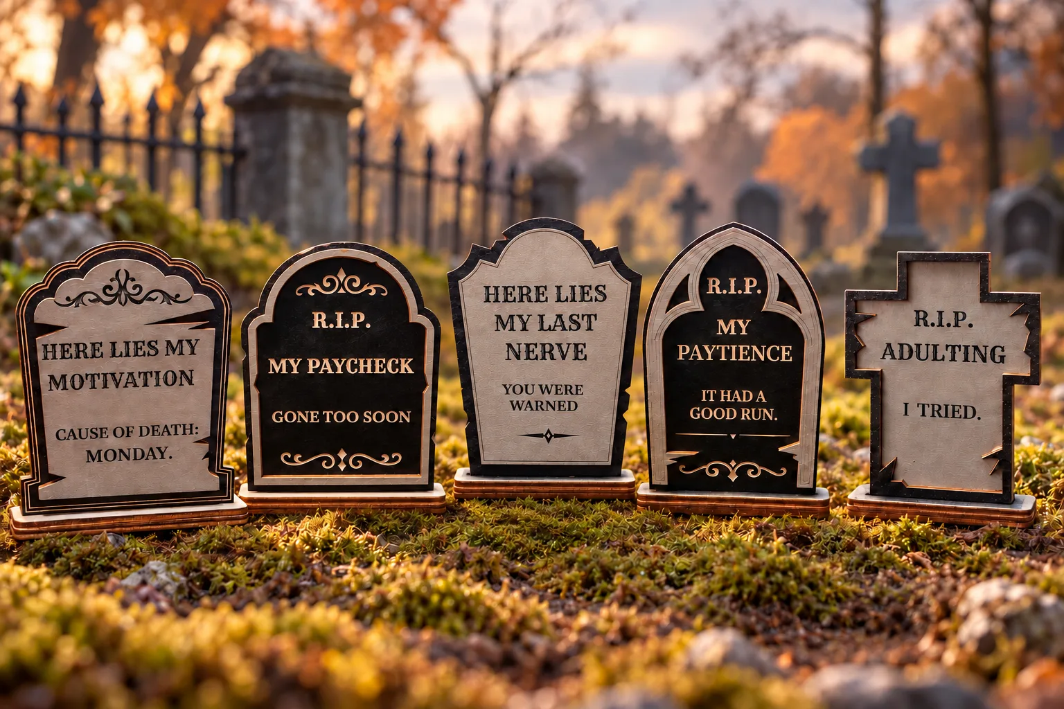 Five original gray and black Halloween tombstone minis arranged on mossy ground